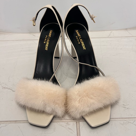 Saint Laurent Cream Fur Strap Sandals - 39 - Picture 1 of 5
